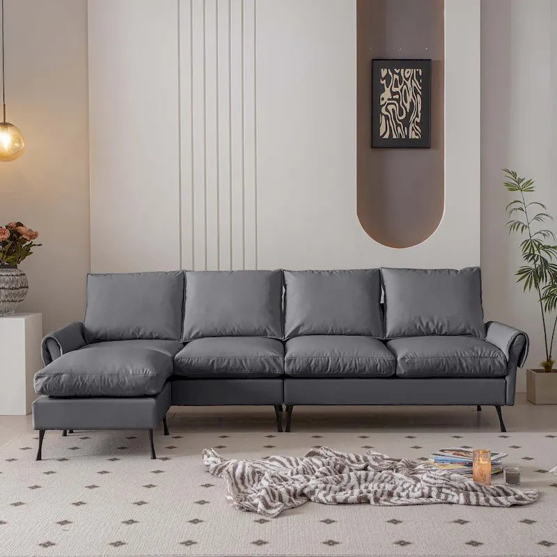 Divano a L tecnico moderno con pouf in pelle 104,5