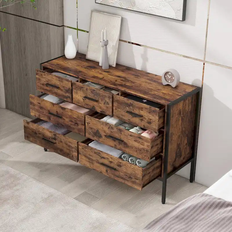 Cassettiera in legno con 7 cassetti, armadio contenitore in legno per camera da letto, mobile porta abiti solido con robusto telaio in acciaio
