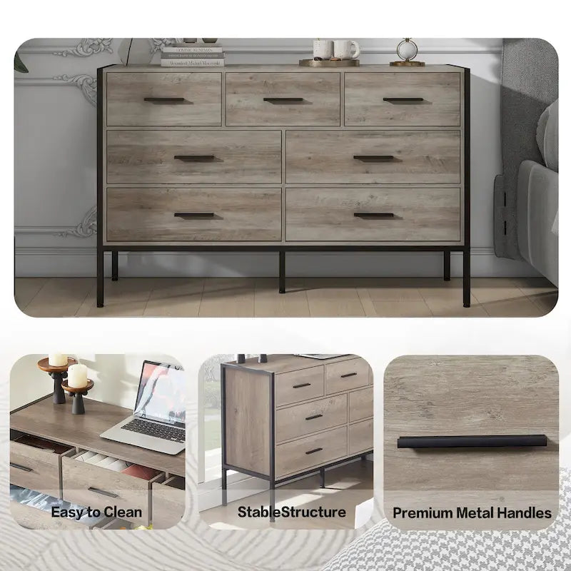 Cassettiera in legno con 7 cassetti, armadio contenitore in legno per camera da letto, mobile porta abiti solido con robusto telaio in acciaio