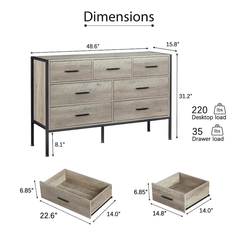 Cassettiera in legno con 7 cassetti, armadio contenitore in legno per camera da letto, mobile porta abiti solido con robusto telaio in acciaio