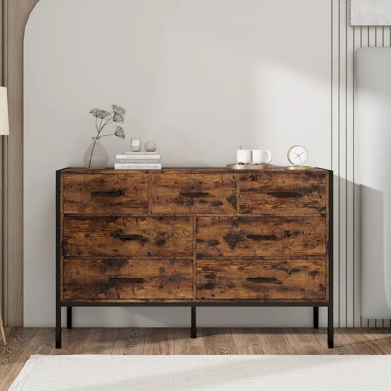 Cassettiera in legno con 7 cassetti, armadio contenitore in legno per camera da letto, mobile porta abiti solido con robusto telaio in acciaio