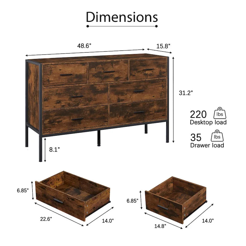 Cassettiera in legno con 7 cassetti, armadio contenitore in legno per camera da letto, mobile porta abiti solido con robusto telaio in acciaio