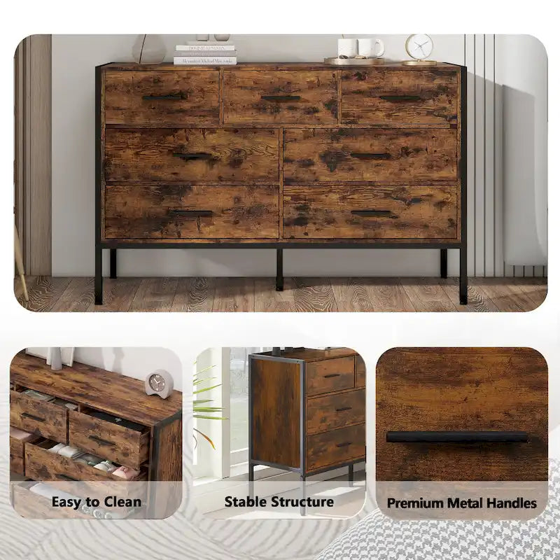 Cassettiera in legno con 7 cassetti, armadio contenitore in legno per camera da letto, mobile porta abiti solido con robusto telaio in acciaio