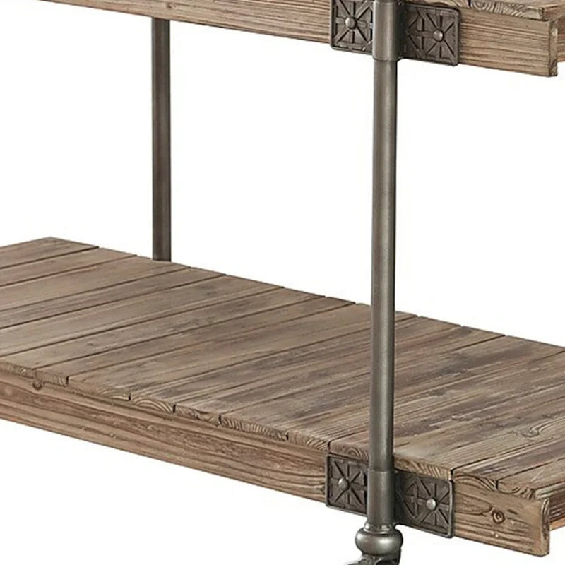 Tavolo da divano Loak 47 pollici, design a doghe, 1 ripiano, ruote, marrone, nero