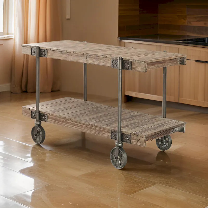 Tavolo da divano Loak 47 pollici, design a doghe, 1 ripiano, ruote, marrone, nero