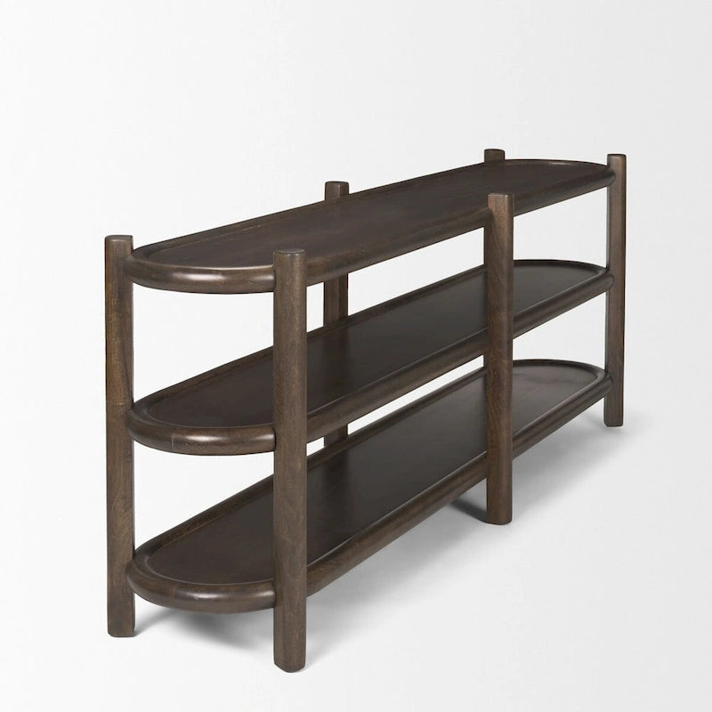 Romi Dark Brown Wood w/ 3 Shelves Oval Console Table