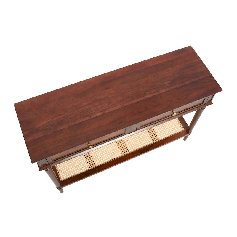 Acacia Wood Console Table with Cane Shelf