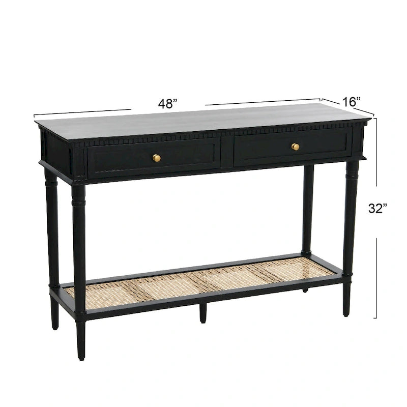 Acacia Wood Console Table with Cane Shelf