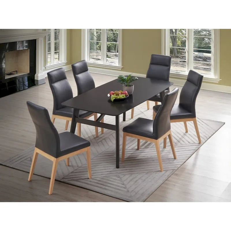 Sedia (Set-2), pelle nera e finitura noce