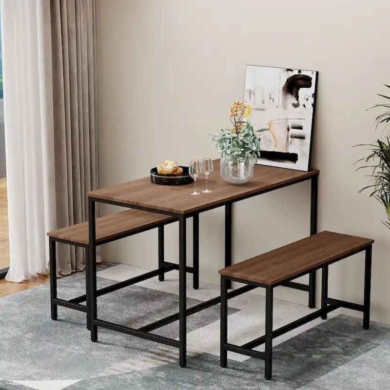 Set da pranzo per 4, Tavolo da cucina con panche, Set da pranzo rettangolare con 2 panche in metallo e legno, 3 pezzi