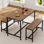 Dining Table Set for 4, Kitchen Table with Benches, Rectangular Dining Room Table Set with 2 Metal Wood Benches, 3 Piece Dining