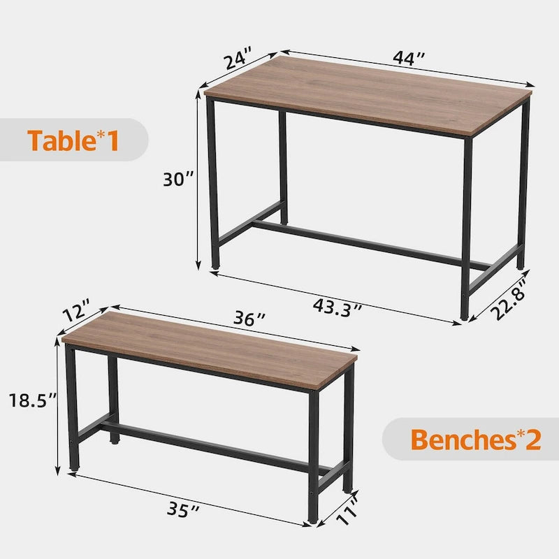 Set da pranzo per 4, Tavolo da cucina con panche, Set da pranzo rettangolare con 2 panche in metallo e legno, 3 pezzi