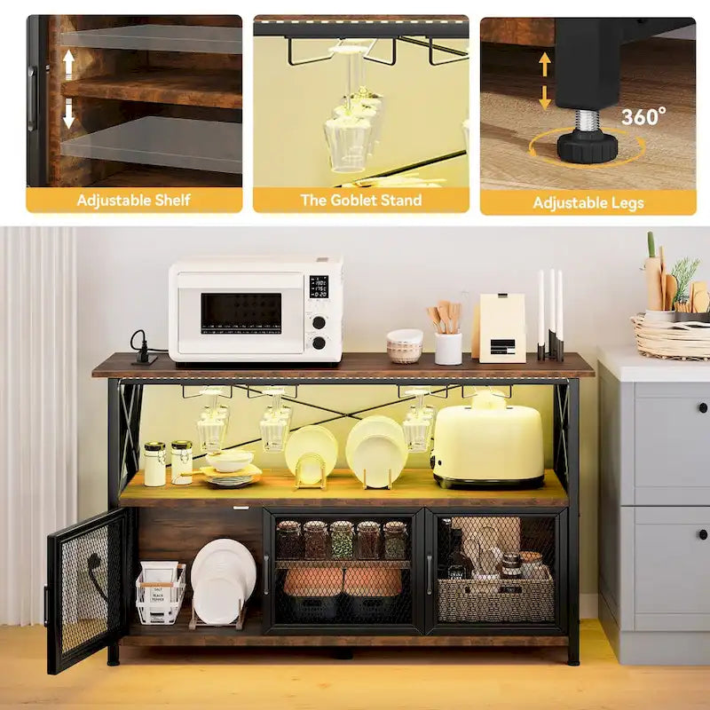 Mobile bar da vino da 47" con luci a LED, prese di corrente, mobile bar industriale per caffè - 47,2L x 15,7P x 33,4A