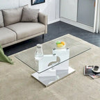 A rectangular modern and fashionable coffee table with tempered glass tabletop and white MDF legs