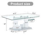 A rectangular modern and fashionable coffee table with tempered glass tabletop and white MDF legs