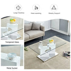 A rectangular modern and fashionable coffee table with tempered glass tabletop and white MDF legs