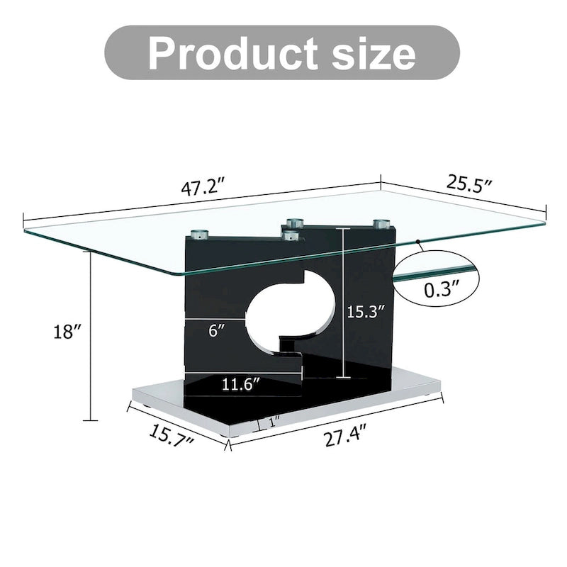 A rectangular modern and fashionable coffee table with tempered glass tabletop and white MDF legs