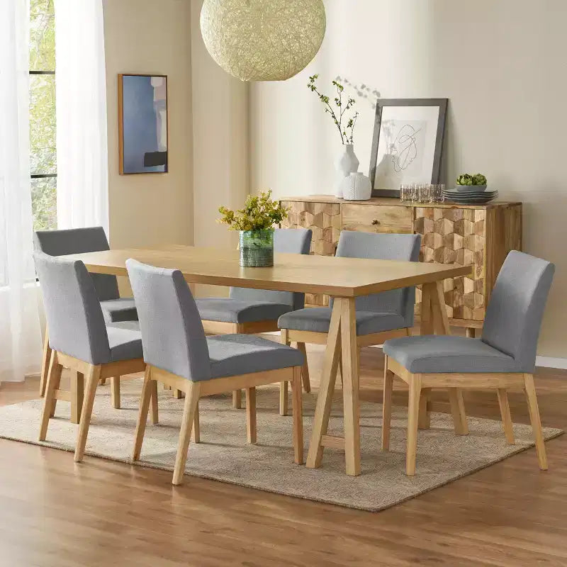 GDFStudio Hampton Set da pranzo 7 pezzi moderno di metà secolo in legno di caucciù imbottito