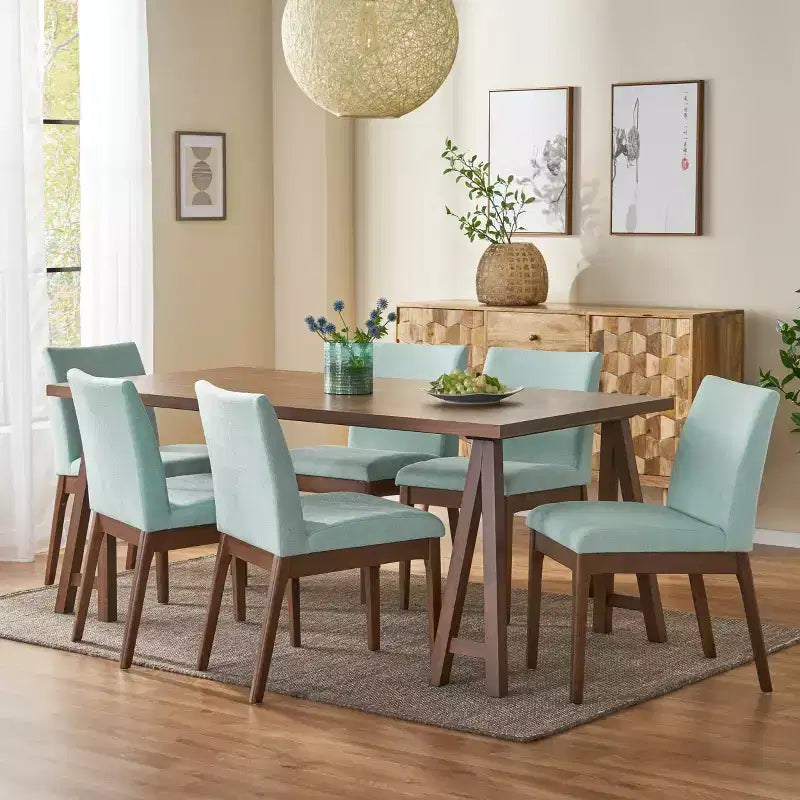 GDFStudio Hampton Set da pranzo 7 pezzi moderno di metà secolo in legno di caucciù imbottito