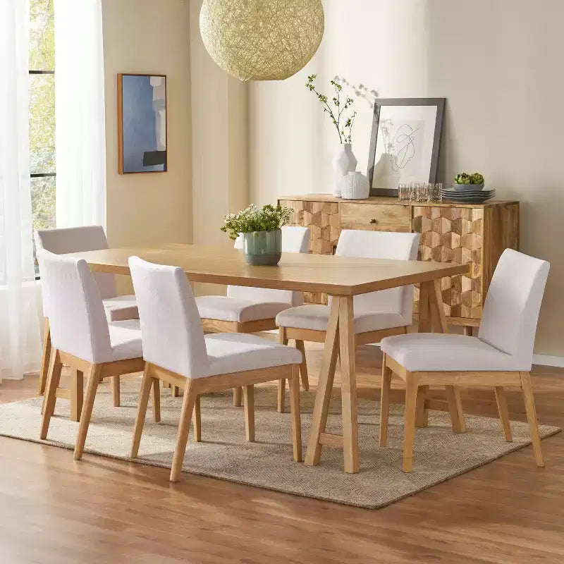 GDFStudio Hampton Set da pranzo 7 pezzi moderno di metà secolo in legno di caucciù imbottito