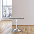 LeisureMod Verve Square Dining Table with White Marbleized Resin Top and Modern Brushed Steel Base for Kitchen