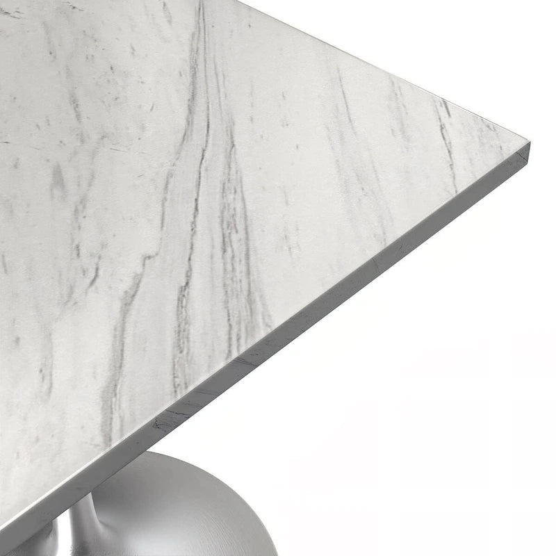 LeisureMod Verve Square Dining Table with White Marbleized Resin Top and Modern Brushed Steel Base for Kitchen