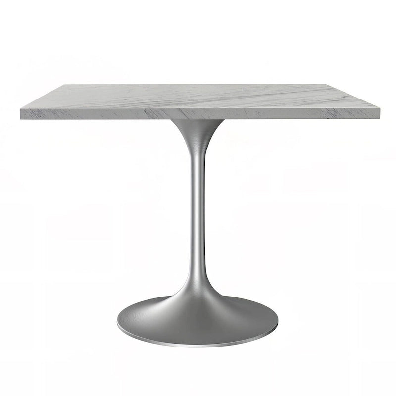 LeisureMod Verve Square Dining Table with White Marbleized Resin Top and Modern Brushed Steel Base for Kitchen