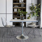LeisureMod Verve Square Dining Table with White Marbleized Resin Top and Modern Brushed Steel Base for Kitchen