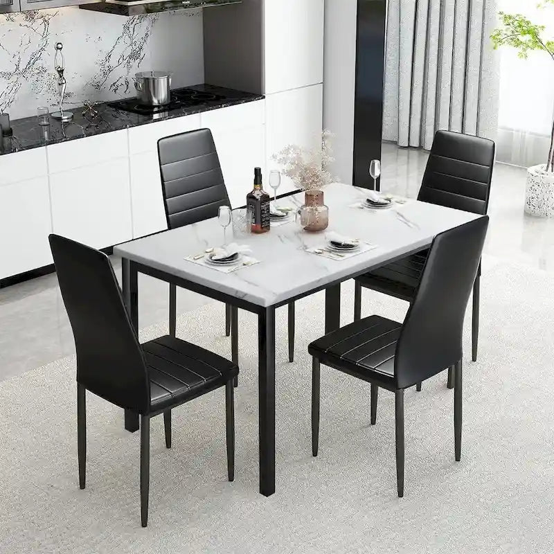 Mieres Set da pranzo moderno 5 pezzi con tavolo con ripiano in finto marmo e 4 sedie da pranzo rivestite in similpelle