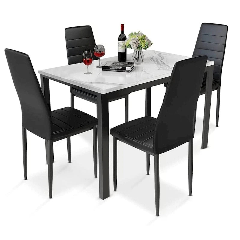 Mieres Set da pranzo moderno 5 pezzi con tavolo con ripiano in finto marmo e 4 sedie da pranzo rivestite in similpelle