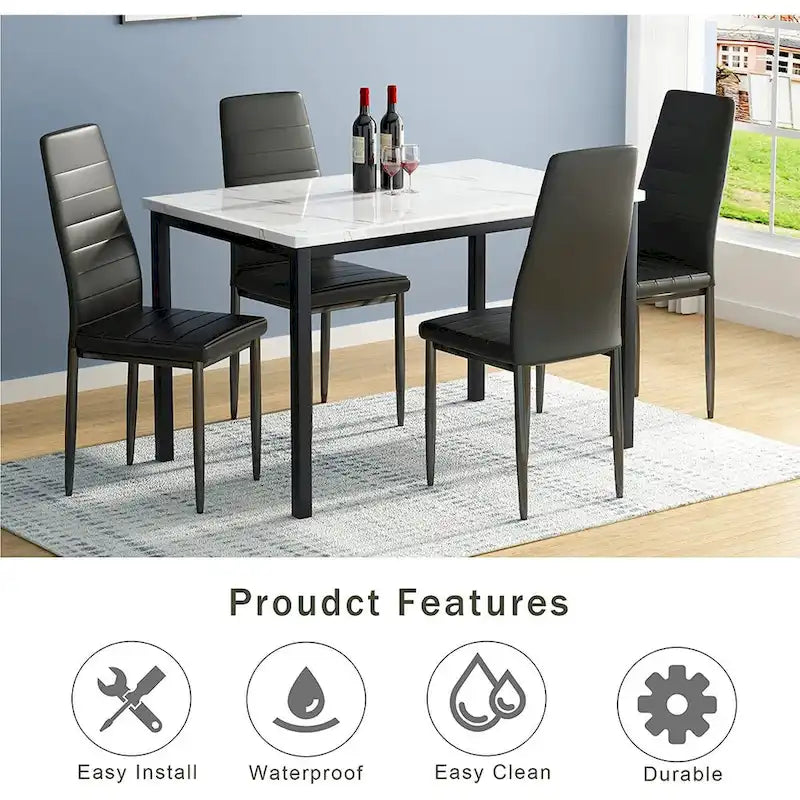 Mieres Set da pranzo moderno 5 pezzi con tavolo con ripiano in finto marmo e 4 sedie da pranzo rivestite in similpelle