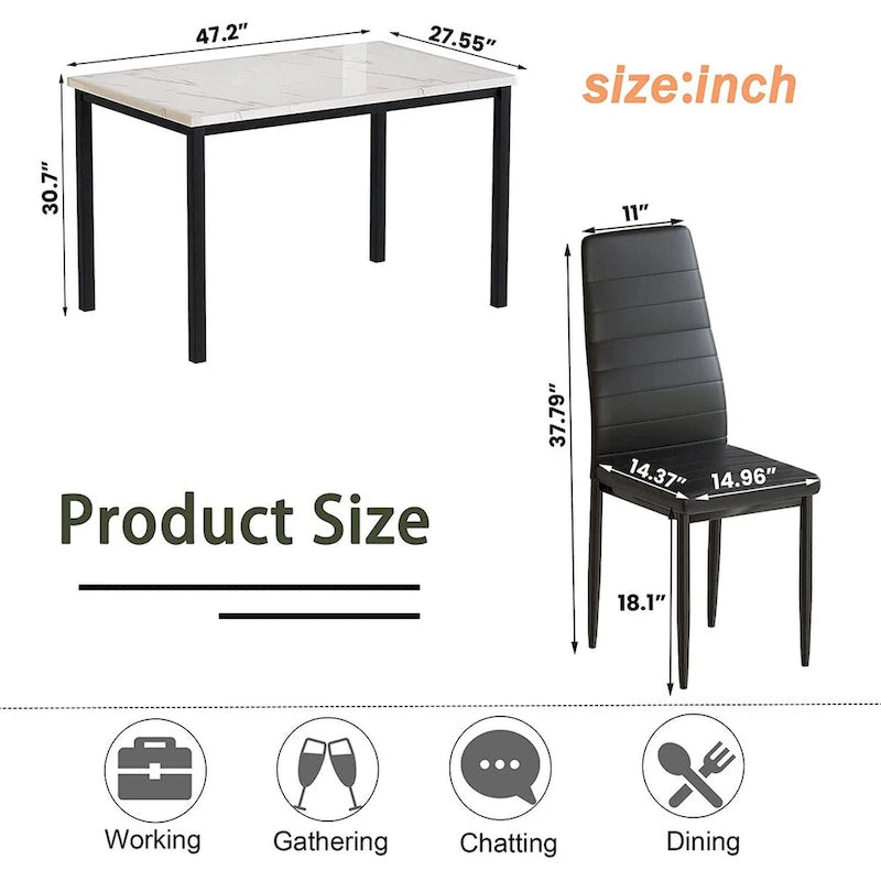 Mieres Set da pranzo moderno 5 pezzi con tavolo con ripiano in finto marmo e 4 sedie da pranzo rivestite in similpelle