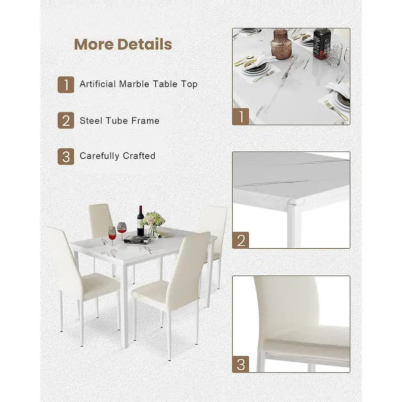 Mieres Set da pranzo moderno 5 pezzi con tavolo con ripiano in finto marmo e 4 sedie da pranzo rivestite in similpelle