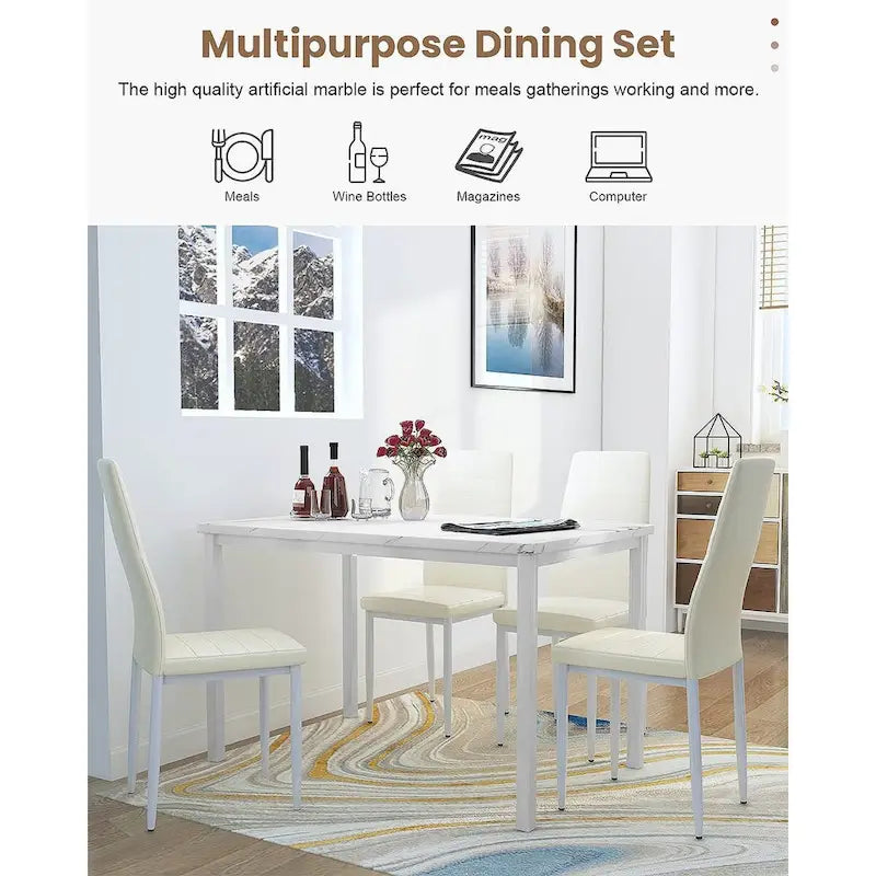 Mieres Set da pranzo moderno 5 pezzi con tavolo con ripiano in finto marmo e 4 sedie da pranzo rivestite in similpelle