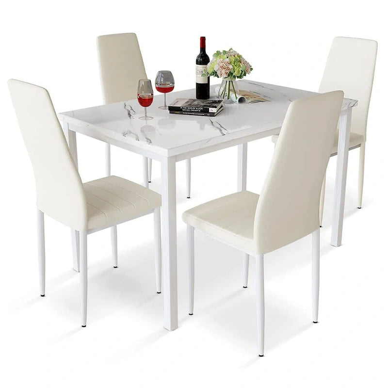 Mieres Set da pranzo moderno 5 pezzi con tavolo con ripiano in finto marmo e 4 sedie da pranzo rivestite in similpelle