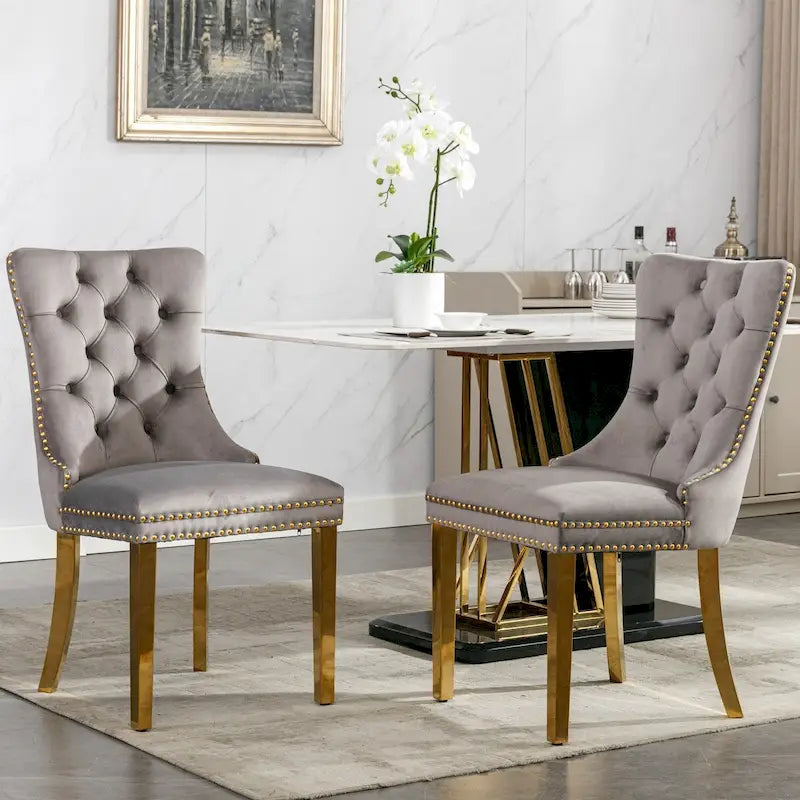 Sedia da pranzo in velluto imbottita capitonné contemporanea in legno massello di alta gamma con gambe placcate in acciaio inossidabile dorato, set da 2