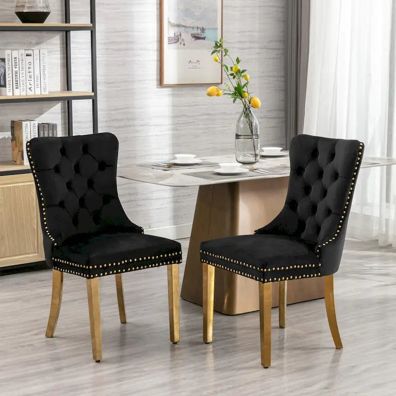 Sedia da pranzo in velluto imbottita capitonné contemporanea in legno massello di alta gamma con gambe placcate in acciaio inossidabile dorato, set da 2