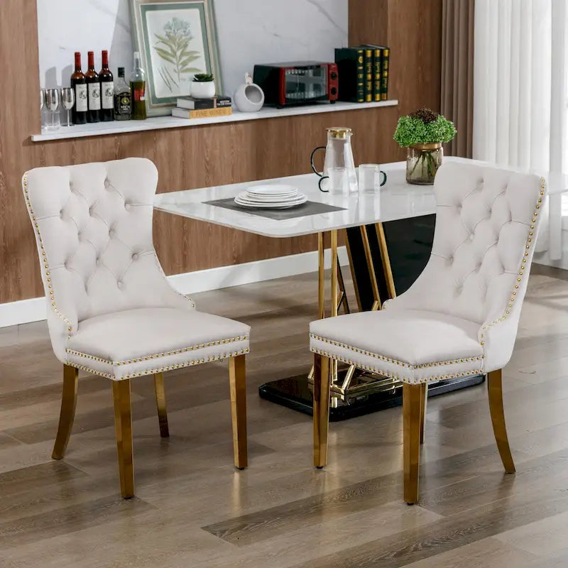 Sedia da pranzo in velluto imbottita capitonné contemporanea in legno massello di alta gamma con gambe placcate in acciaio inossidabile dorato, set da 2