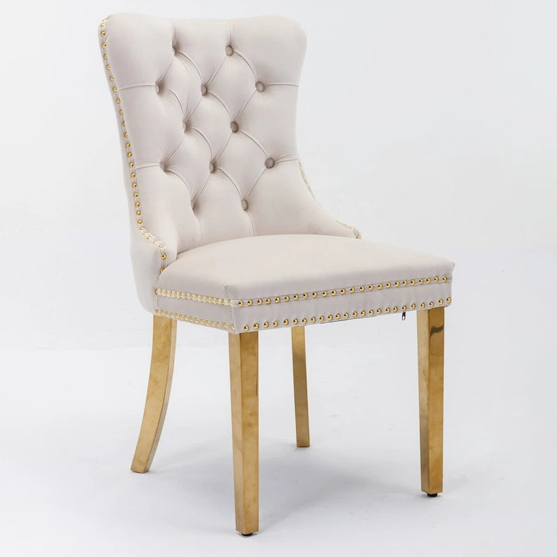 Sedia da pranzo in velluto imbottita capitonné contemporanea in legno massello di alta gamma con gambe placcate in acciaio inossidabile dorato, set da 2
