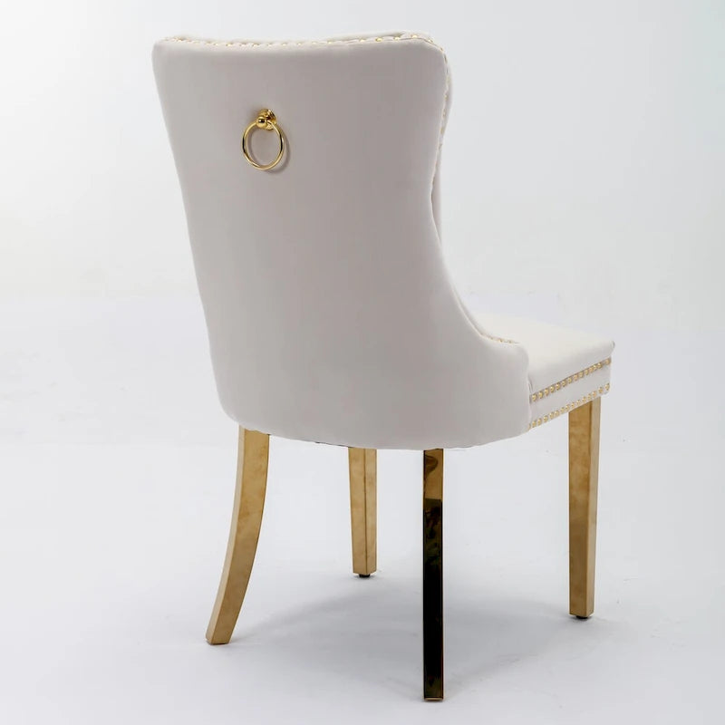 Sedia da pranzo in velluto imbottita capitonné contemporanea in legno massello di alta gamma con gambe placcate in acciaio inossidabile dorato, set da 2