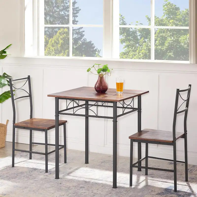 Set da pranzo piccolo quadrato marrone a 3 pezzi per angolo colazione, tavolo da bar in legno con sedie (set da 2) e struttura in acciaio