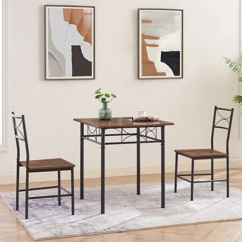 Set da pranzo piccolo quadrato marrone a 3 pezzi per angolo colazione, tavolo da bar in legno con sedie (set da 2) e struttura in acciaio