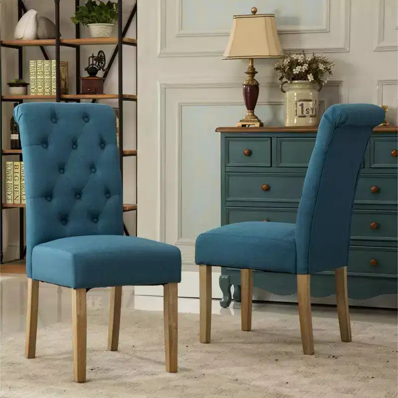 Roundhill Furniture Habit Solid Wood Tufted Parsons Dining Chair, Blue, Set of 2
