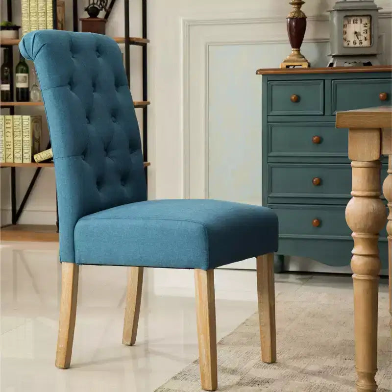 Roundhill Furniture Habit Solid Wood Tufted Parsons Dining Chair, Blue, Set of 2