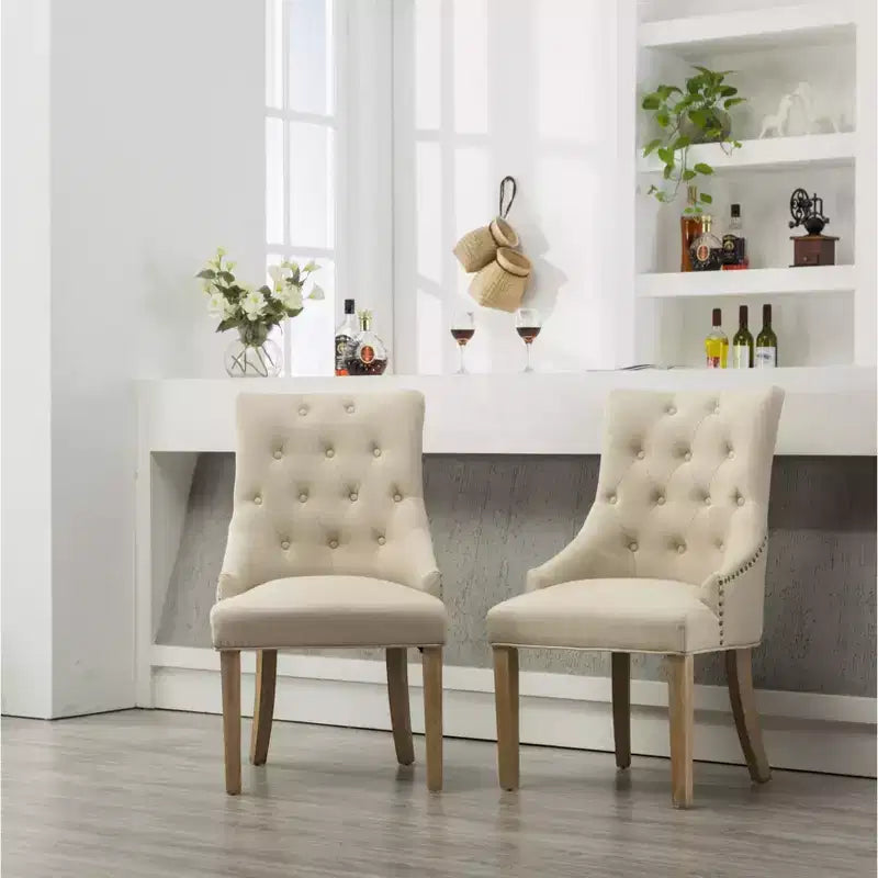 Roundhill Furniture Button Tufted Solid Wood Wingback Hostess Chairs with Nail Heads, Tan, Set of 2