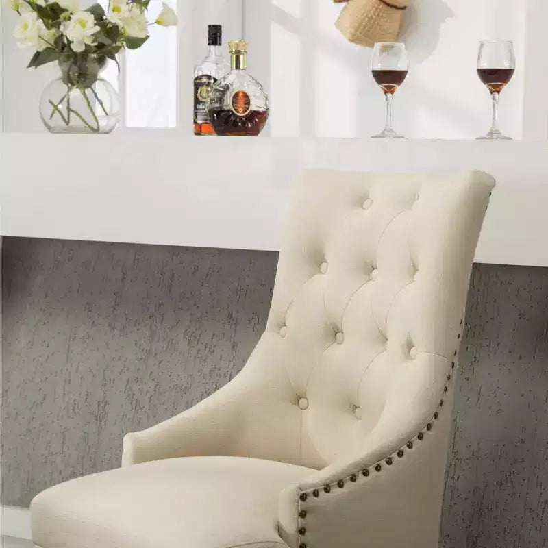 Roundhill Furniture Button Tufted Solid Wood Wingback Hostess Chairs with Nail Heads, Tan, Set of 2
