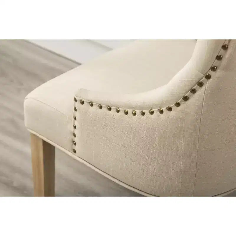 Roundhill Furniture Button Tufted Solid Wood Wingback Hostess Chairs with Nail Heads, Tan, Set of 2