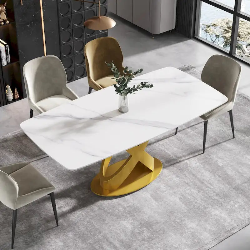 Tavolo da pranzo 70.8, tavolo da pranzo moderno per 8 persone, piano in pietra sinterizzata bianco antico con base a piedistallo in acciaio inossidabile dorato
