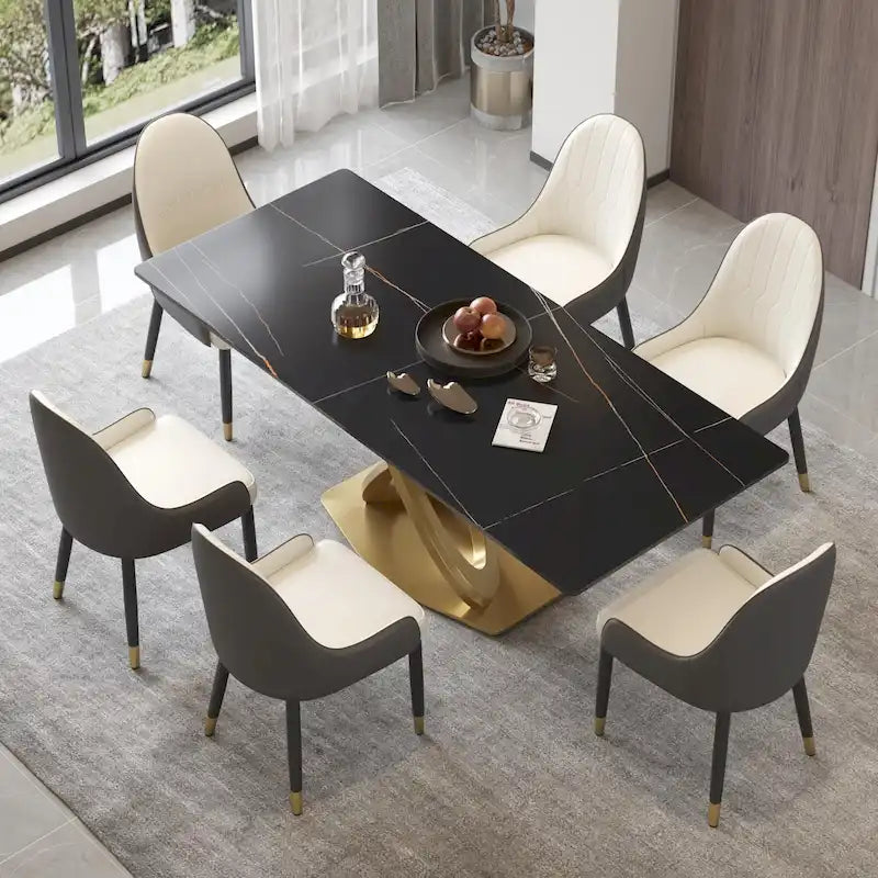 Tavolo da pranzo 70.8, tavolo da pranzo moderno per 8 persone, piano in pietra sinterizzata bianco antico con base a piedistallo in acciaio inossidabile dorato
