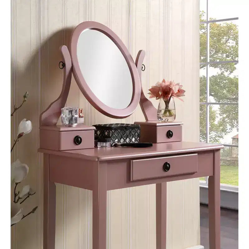 Roundhill Furniture Moniya Wood Makeup Vanity Table and Stool Set, Rose Gold